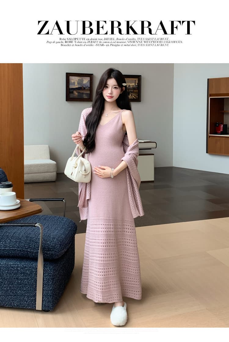가을 겨울 신제품 실사 지금 고급 품격 느긋한 롱 코트 홀로우 아웃 슬립 홀로우 아웃 숄 투피스 세트 임산부 상세 이미지 23