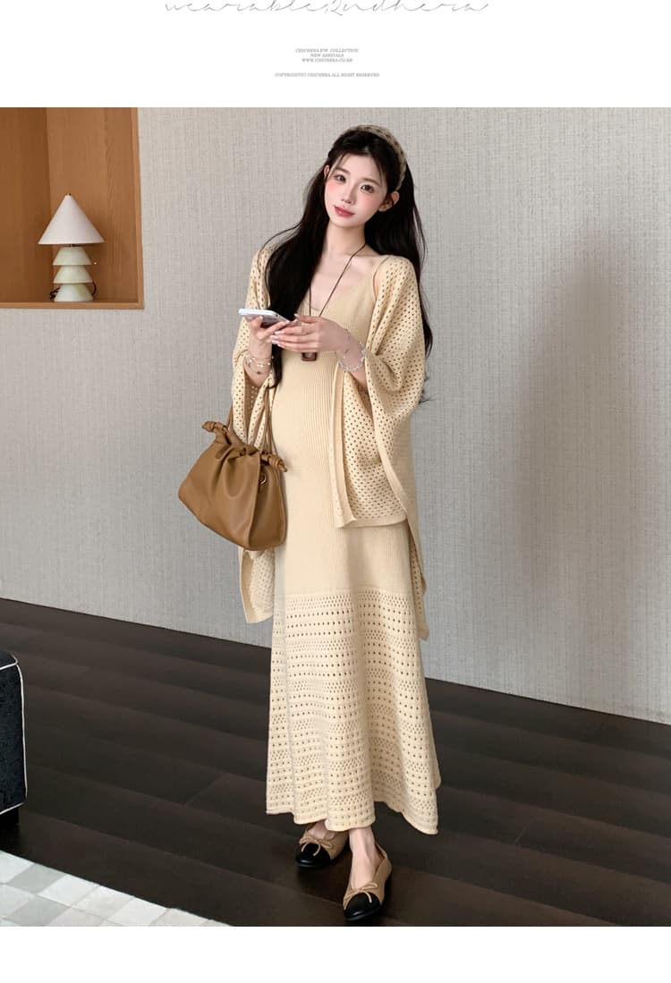 가을 겨울 신제품 실사 지금 고급 품격 느긋한 롱 코트 홀로우 아웃 슬립 홀로우 아웃 숄 투피스 세트 임산부 상세 이미지 29