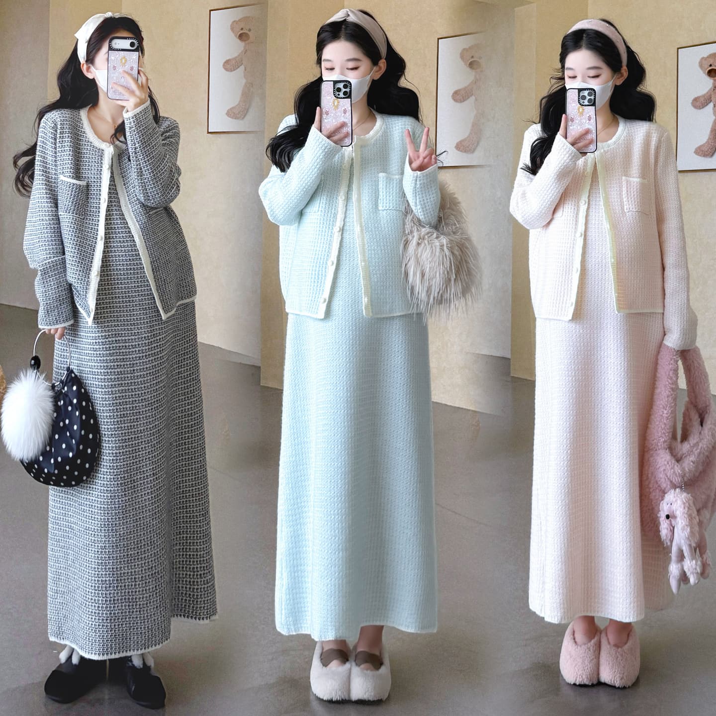신제품 지금 2026 가을 겨울 임산부 작은 샤넬 스타일 링 그리드 배색 품격 슬림해 보이는 오픈 가디건 조끼 치마 세트 이미지 4