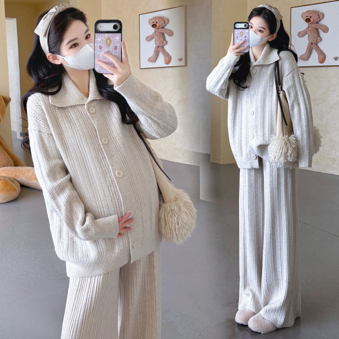 가을 겨울 새로운 지금 실사 임산부 터틀넥 열기 버클 스웨터 오픈 가디건 느긋한 캐주얼 루즈핏 와이드 레그 팬츠 세트 이미지 4