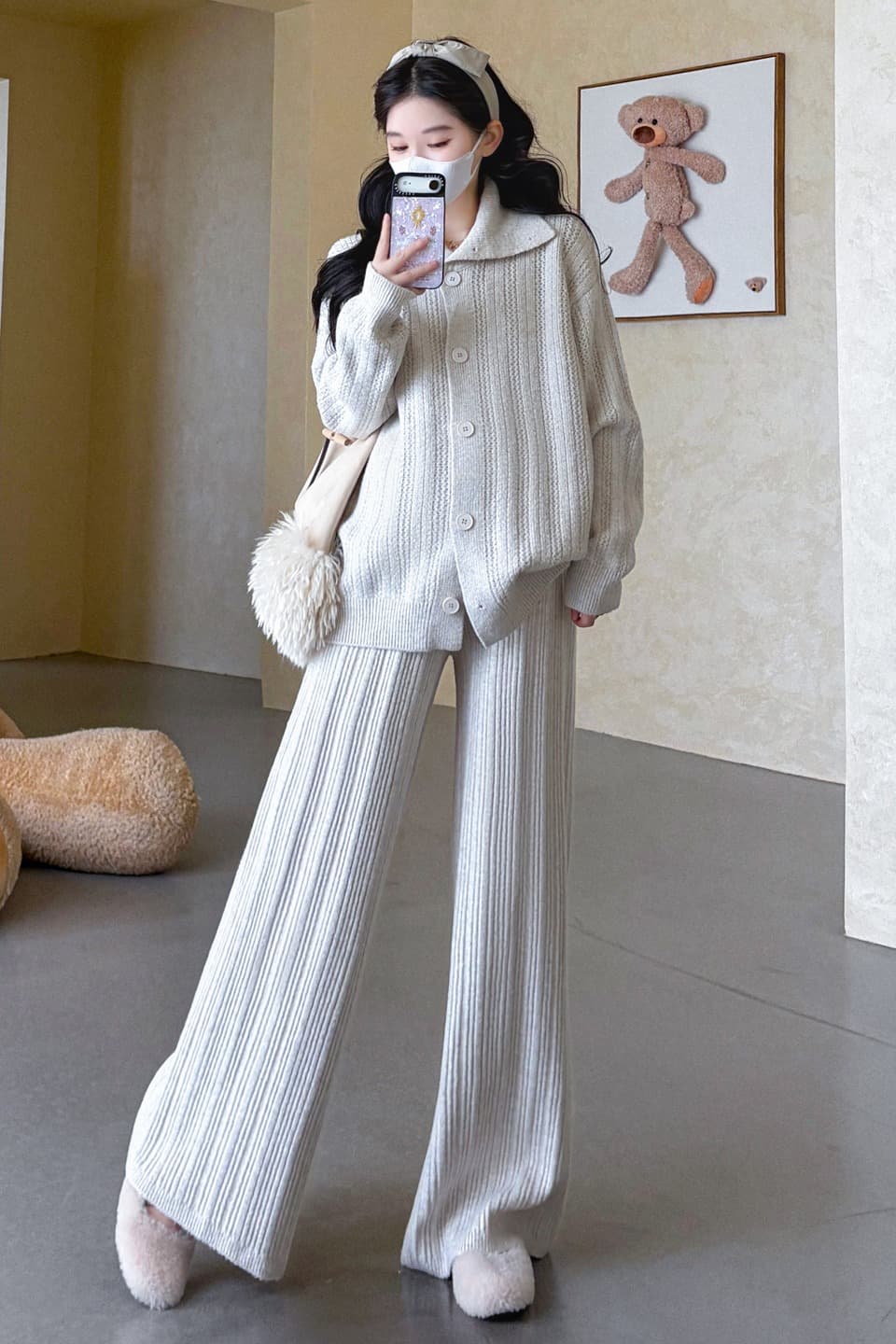 가을 겨울 새로운 지금 실사 임산부 터틀넥 열기 버클 스웨터 오픈 가디건 느긋한 캐주얼 루즈핏 와이드 레그 팬츠 세트 이미지 7