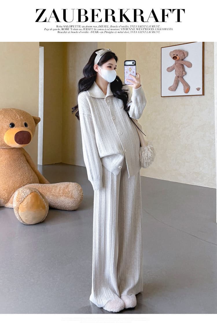 가을 겨울 새로운 지금 실사 임산부 터틀넥 열기 버클 스웨터 오픈 가디건 느긋한 캐주얼 루즈핏 와이드 레그 팬츠 세트 상세 이미지 13