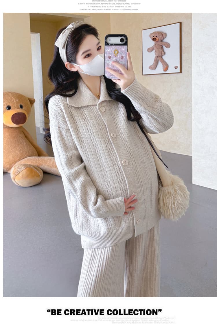 가을 겨울 새로운 지금 실사 임산부 터틀넥 열기 버클 스웨터 오픈 가디건 느긋한 캐주얼 루즈핏 와이드 레그 팬츠 세트 상세 이미지 15