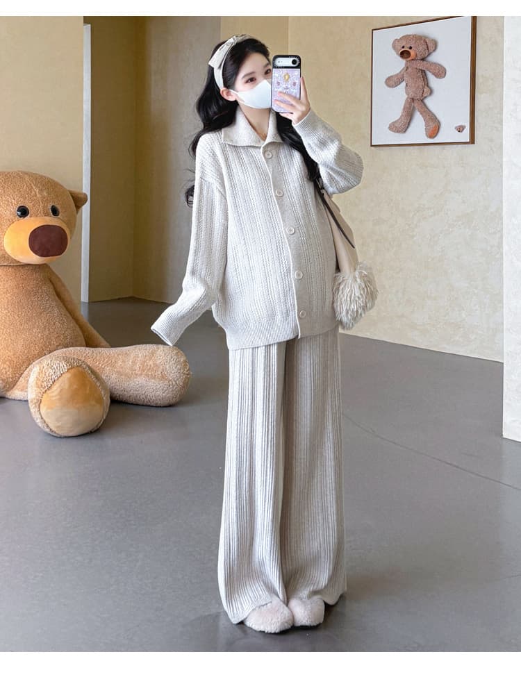 가을 겨울 새로운 지금 실사 임산부 터틀넥 열기 버클 스웨터 오픈 가디건 느긋한 캐주얼 루즈핏 와이드 레그 팬츠 세트 상세 이미지 16