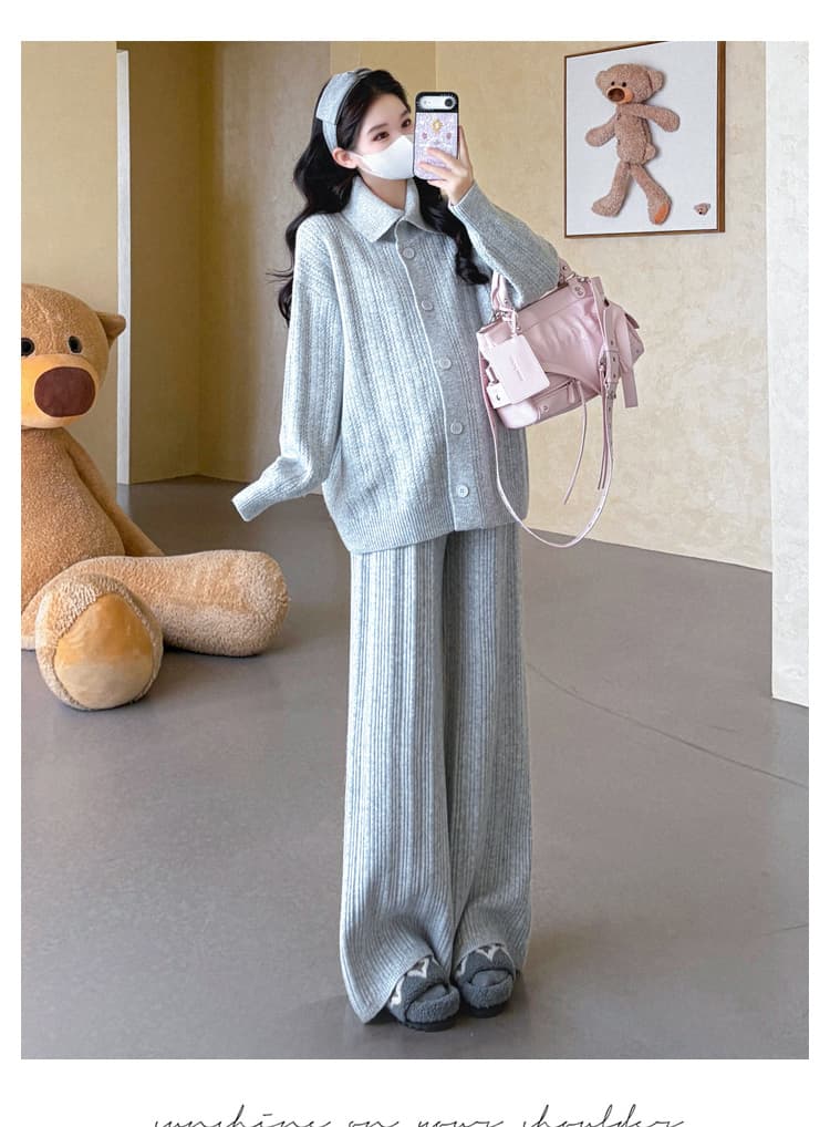 가을 겨울 새로운 지금 실사 임산부 터틀넥 열기 버클 스웨터 오픈 가디건 느긋한 캐주얼 루즈핏 와이드 레그 팬츠 세트 상세 이미지 21