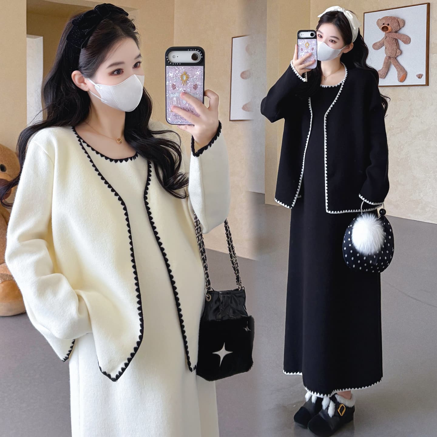 가을 겨울 신제품 지금 실사 2026 임산부 작은 샤넬 스타일 흑인과 백인 배색 품격 슬림해 보이는 오픈 가디건 조끼 치마 세트 이미지 5