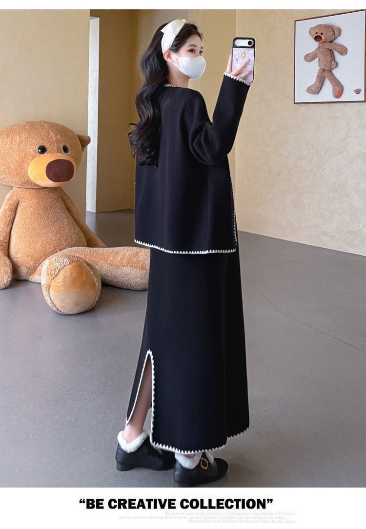 가을 겨울 신제품 지금 실사 2026 임산부 작은 샤넬 스타일 흑인과 백인 배색 품격 슬림해 보이는 오픈 가디건 조끼 치마 세트 상세 이미지 13
