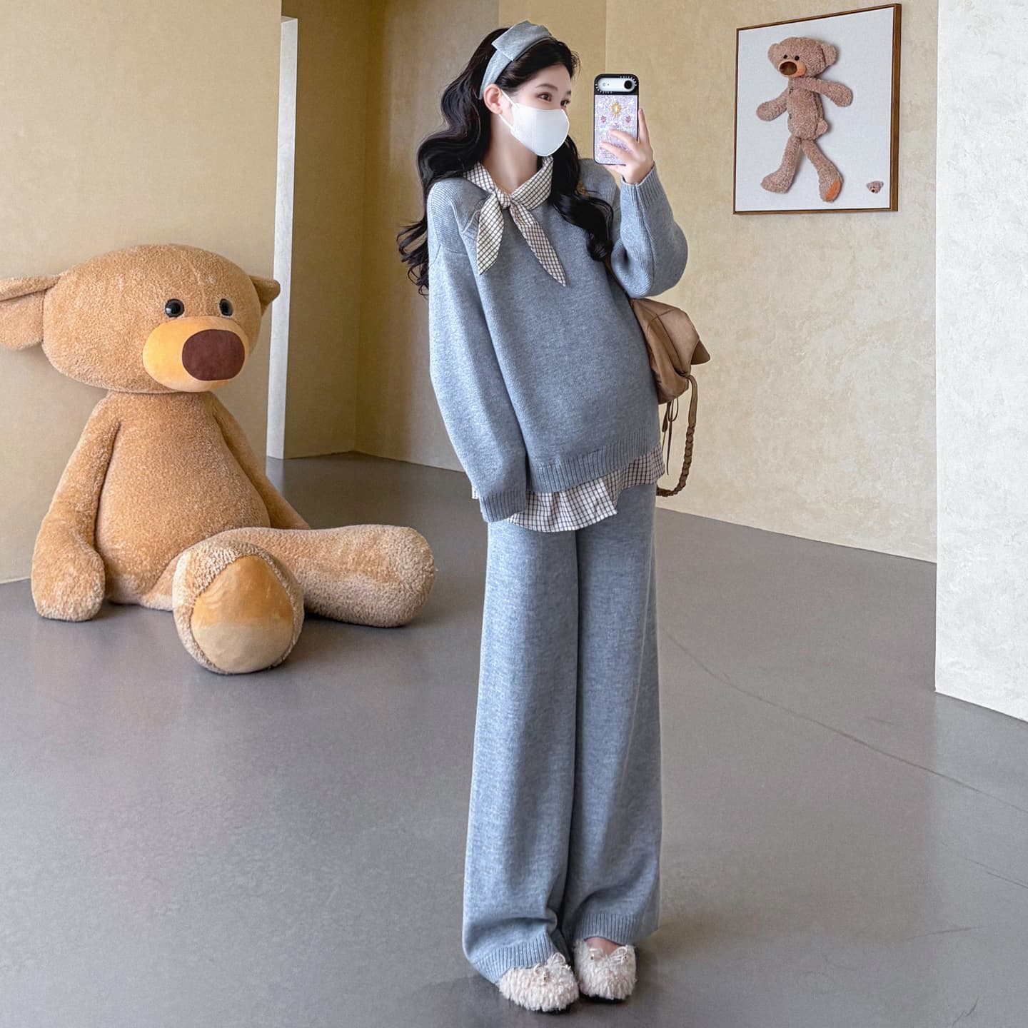 가을 겨울 신제품 지금 실사 2026 임산부 나비 매듭 셔츠 패치워크 패션 스웨터 캐주얼 섹션 세트 슬림해 보이는 이미지 6