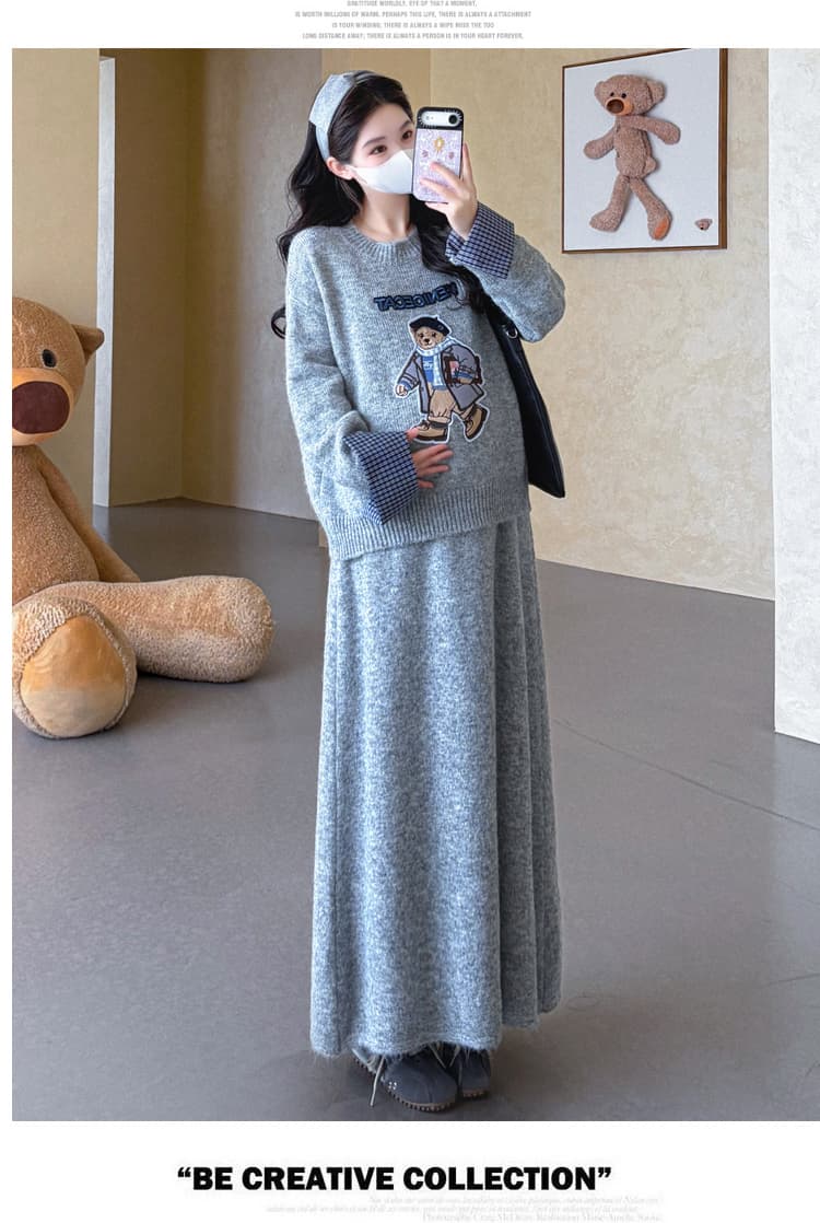 가을 겨울 새로운 지금 실사 임산부 풀오버 작은 곰 자수 체크무늬 패치워크 느긋한 반신 스커트 스웨터 투피스 세트 상세 이미지 19