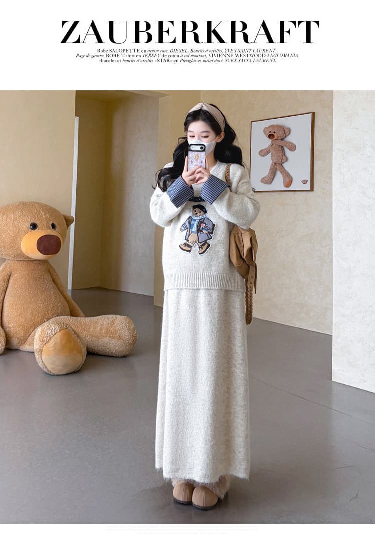 가을 겨울 새로운 지금 실사 임산부 풀오버 작은 곰 자수 체크무늬 패치워크 느긋한 반신 스커트 스웨터 투피스 세트 상세 이미지 29