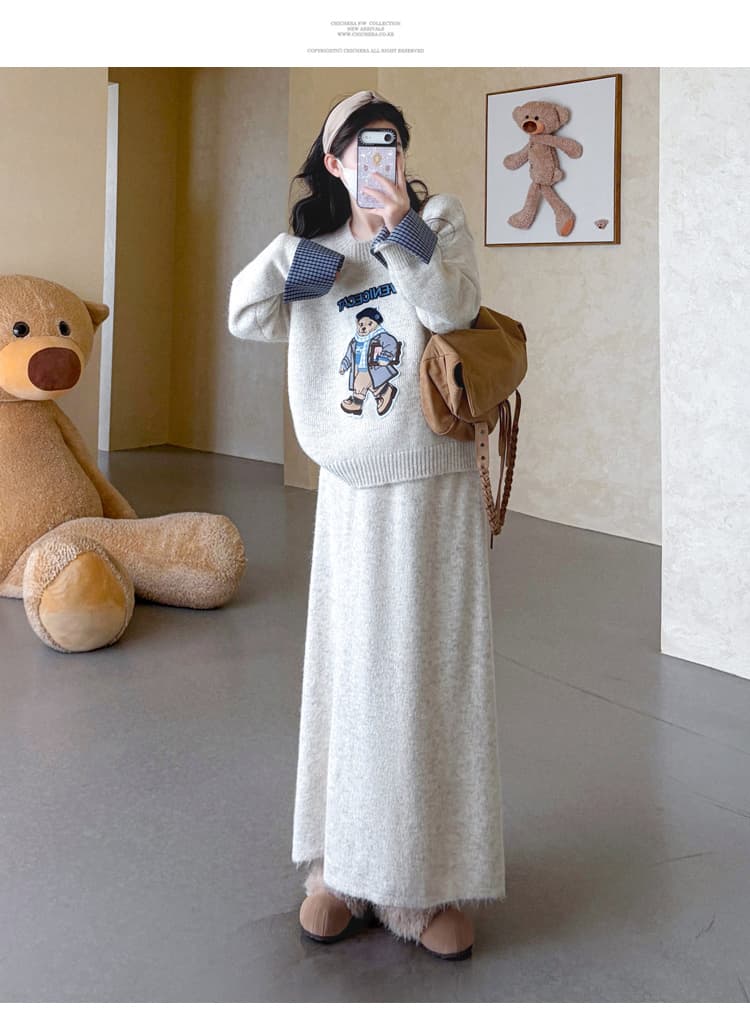 가을 겨울 새로운 지금 실사 임산부 풀오버 작은 곰 자수 체크무늬 패치워크 느긋한 반신 스커트 스웨터 투피스 세트 상세 이미지 34