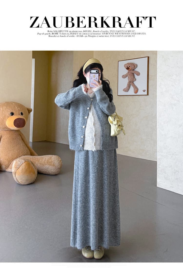 가을 겨울 신제품 지금 실사 2026 임산부 디자인 센스 페이크 레이어드 가스 열기 버클 오픈 가디건 반신 스커트 스웨터 세트 상세 이미지 21