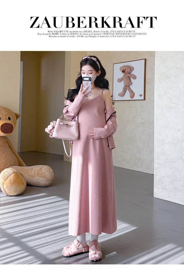 신제품 지금 2026 가을 겨울 임산부 레이스 조각 폴로 칼라 끈 품격 슬림해 보이는 오픈 가디건 슬립 치마 세트 상세 이미지 21