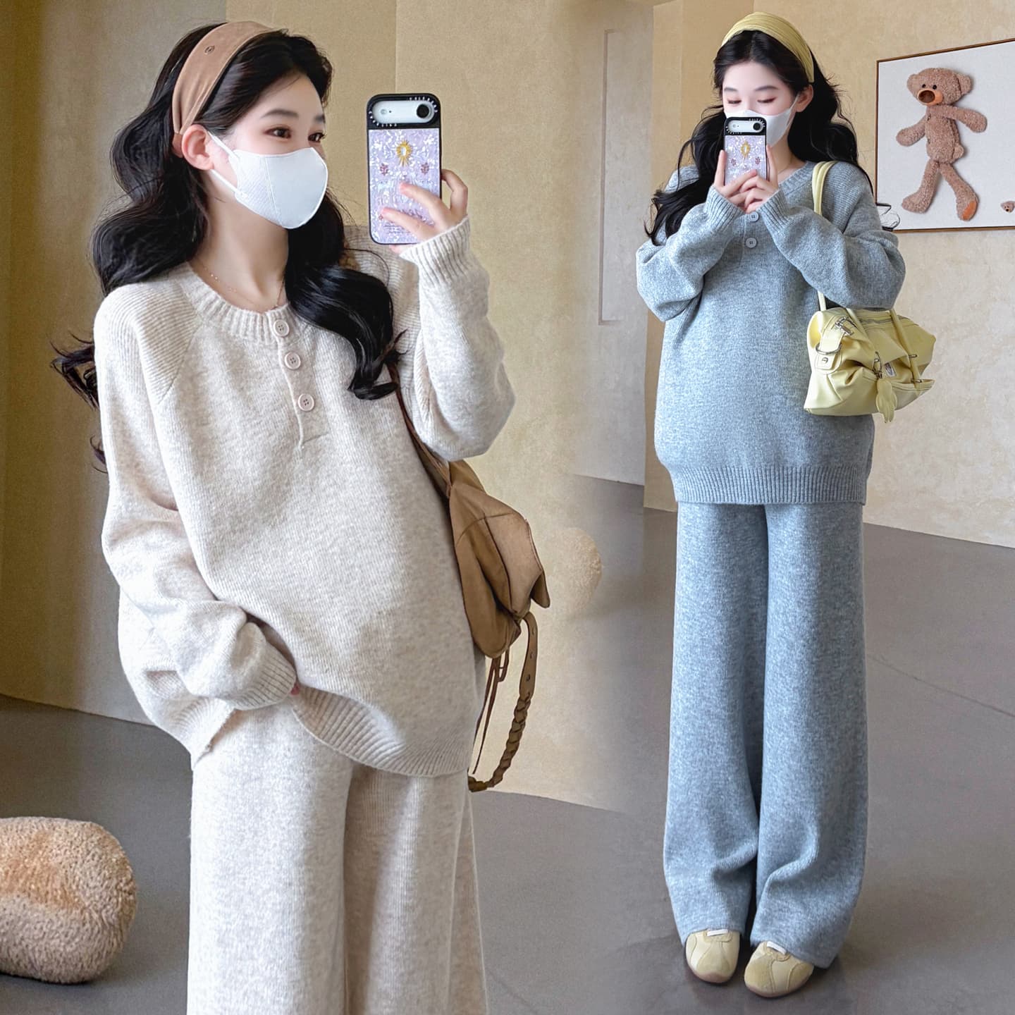 가을 겨울 신제품 지금 실사 임산부 열기 버클 디자인 센스 품격 한국 스타일 슬림해 보이는 풀오버 맨위 바지 세트 이미지 4