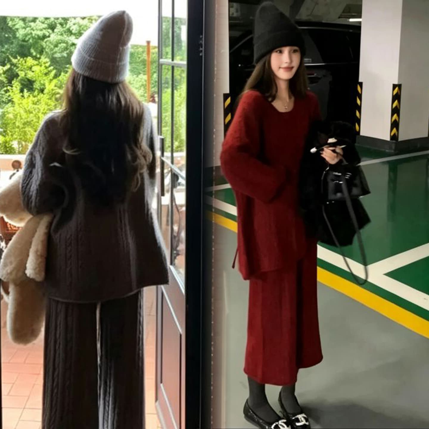가을 겨울 신제품 임산부 자이언트 잘 생긴 폭발 꽈배기 짜임 스웨터 루즈핏 대 에디션 8 점 와이드 레그 팬츠 세트 이미지 3