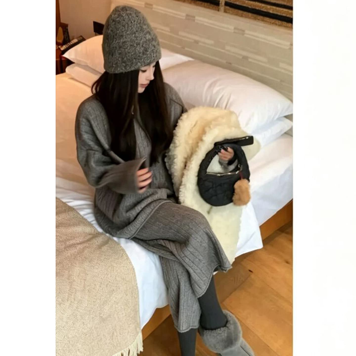 가을 겨울 신제품 임산부 자이언트 잘 생긴 폭발 꽈배기 짜임 스웨터 루즈핏 대 에디션 8 점 와이드 레그 팬츠 세트 이미지 6