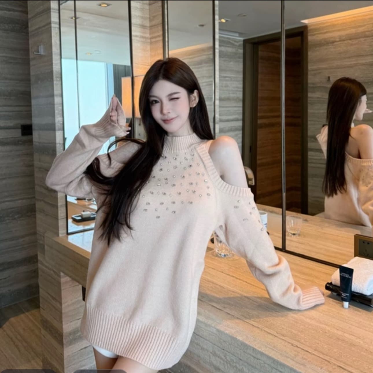 fay 안개 살구 은하계 가을과 겨울 무거운 작업 못 훈련 새는 어깨 단색 루즈핏 느긋한 다용도 니트 스웨터 켜기 이미지 4