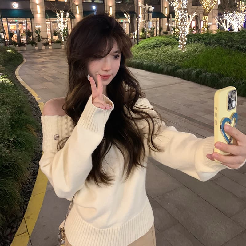 봄 가을 새로운 꽈배기 행침 목 스웨터 여자 느긋한 바람 몸매 가꾸기 디자인 센스 오프숄더 맨위 상세 이미지 12