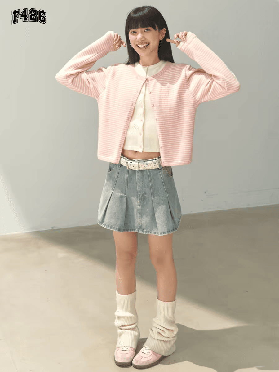 봄 새로운 캐주얼 다용도 페이크 레이어드 스트라이프 스웨터 오픈 가디건 여성 코트 이미지 2