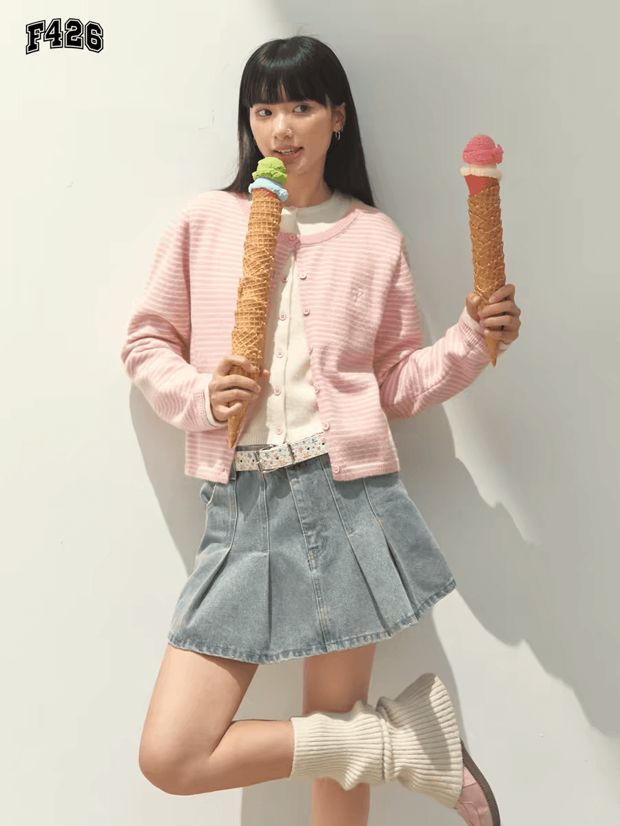 봄 새로운 캐주얼 다용도 페이크 레이어드 스트라이프 스웨터 오픈 가디건 여성 코트 상세 이미지 1