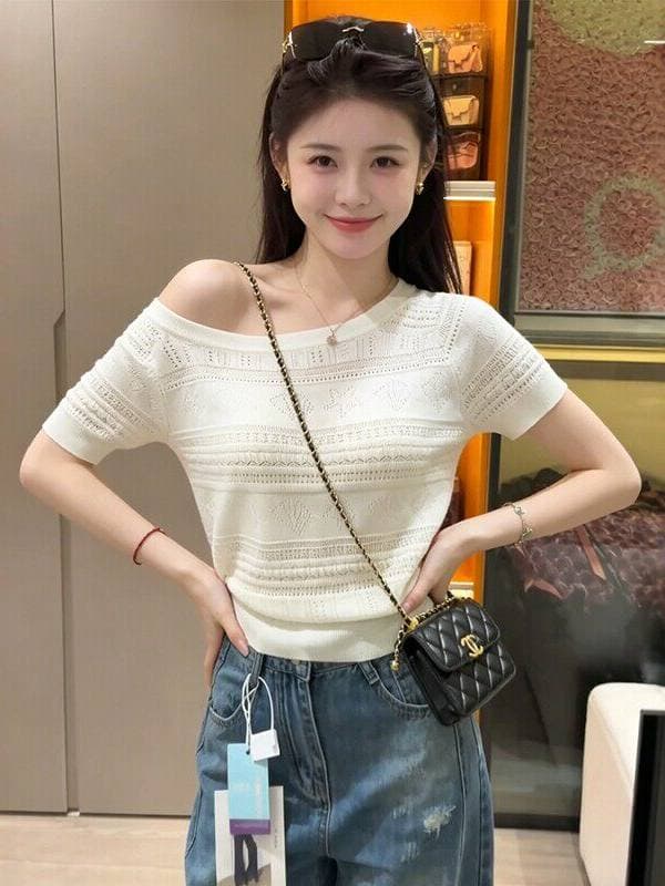 한 부서 부드러운 바람 홀로우 아웃 자수 비스듬한 어깨 반팔 니트 스웨터 여성 여름 미니멀리즘 기초 섹션 허리 수축 슬림해 보이는 맨위