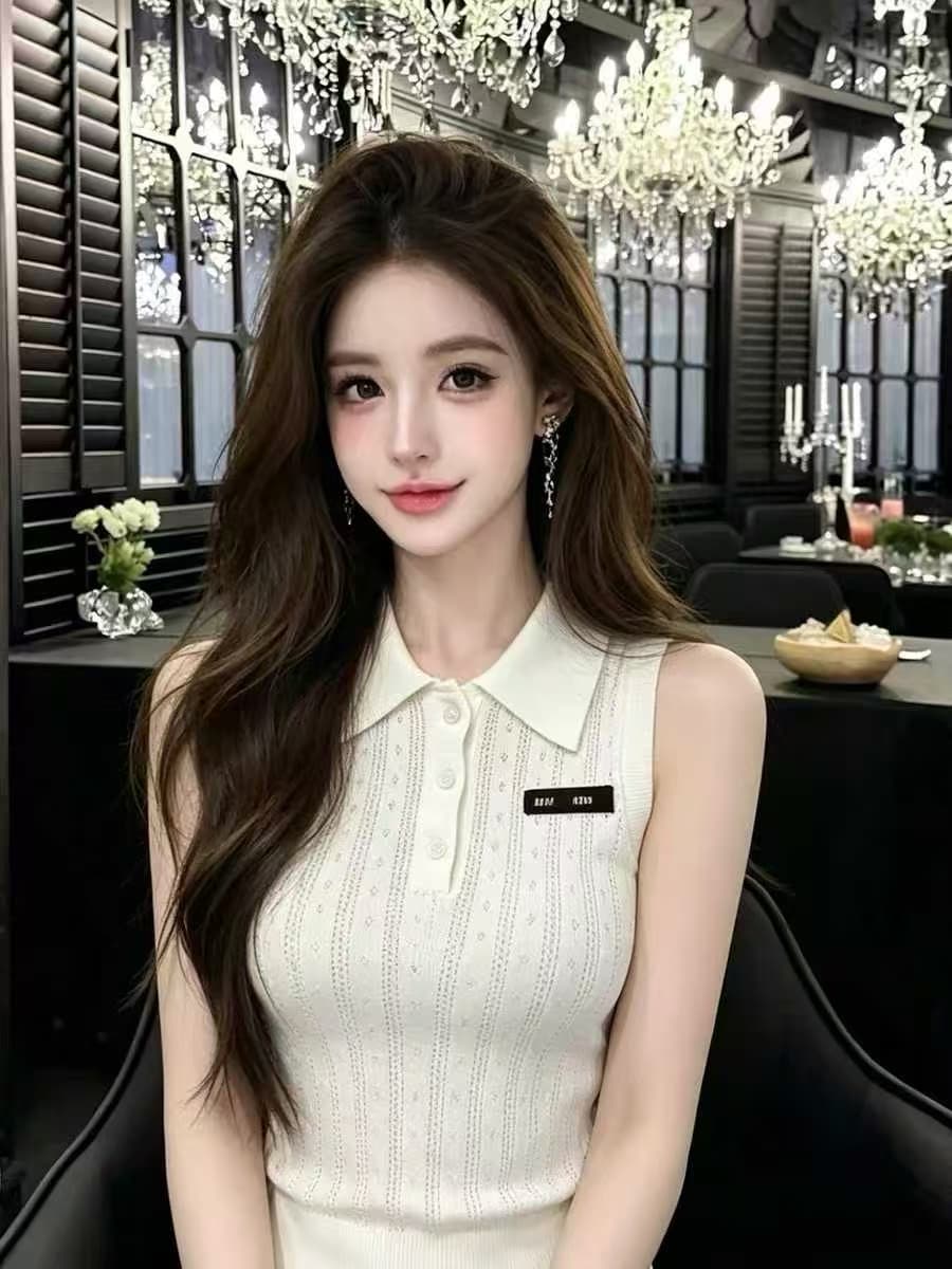 빛 럭셔리 바람 POLO 칼라 홀로우 아웃 니트 스웨터 여성 여름 새로운 몸매 가꾸기 슬림해 보이는 품격 패션 조끼 외출용 맨위 상세 이미지 1