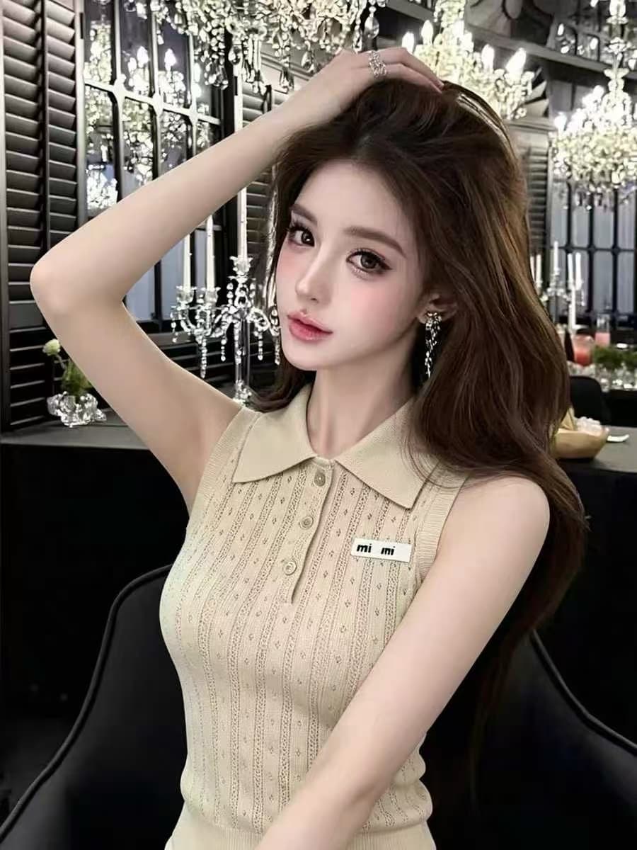 빛 럭셔리 바람 POLO 칼라 홀로우 아웃 니트 스웨터 여성 여름 새로운 몸매 가꾸기 슬림해 보이는 품격 패션 조끼 외출용 맨위 상세 이미지 3