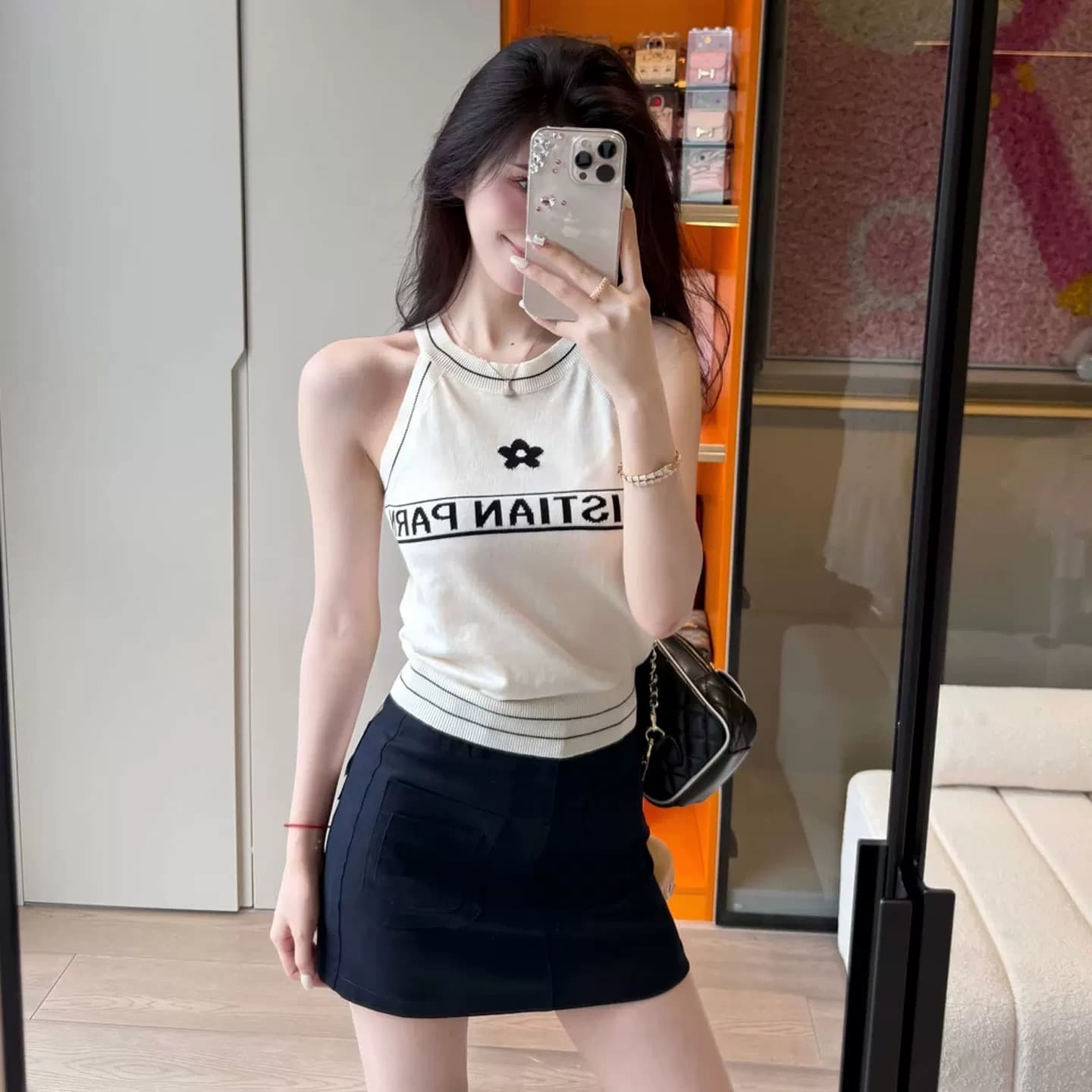 한 부서 배색 알파벳 인쇄 행침 목 니트 캐미솔 여름 외출용 몸매 가꾸기 고급 센스 핫걸 민소매 맨위 상세 이미지 1
