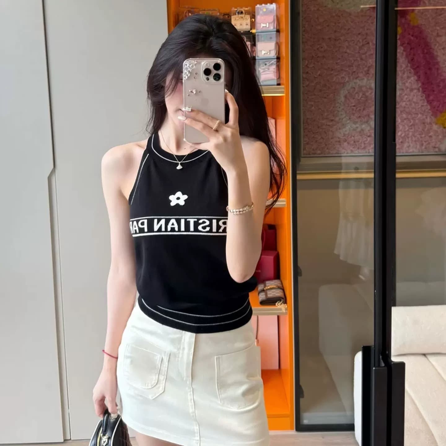 한 부서 배색 알파벳 인쇄 행침 목 니트 캐미솔 여름 외출용 몸매 가꾸기 고급 센스 핫걸 민소매 맨위 상세 이미지 2