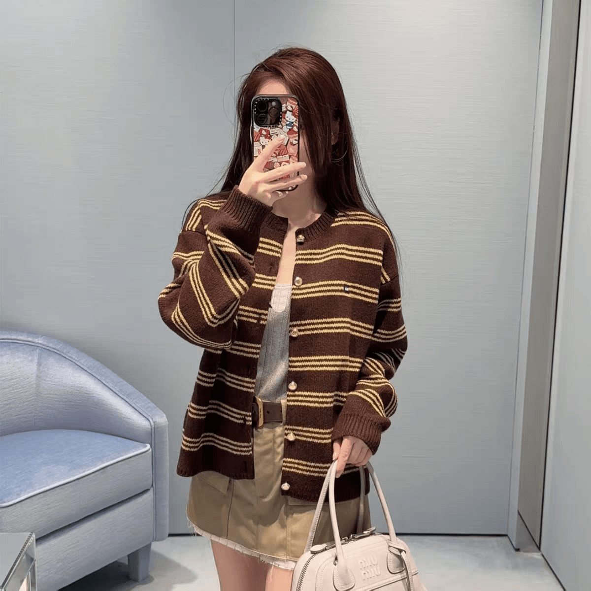 레트로 갈색 황색 스트라이프 니트 오픈 가디건 여성 가을 쇼트 스타일 라운드 넥 샤 징 버클 부드러운 바람 슬림해 보이는 스웨터 코트 상세 이미지 1
