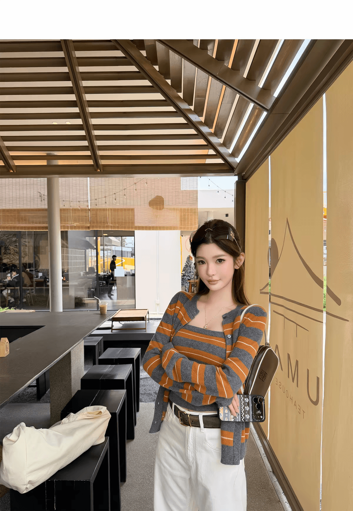 chicyou miu 부서 세련된 슈퍼 색상 일치 회색 주황색 스트라이프 니트 튜브탑 오픈 가디건 여성 이미지 3