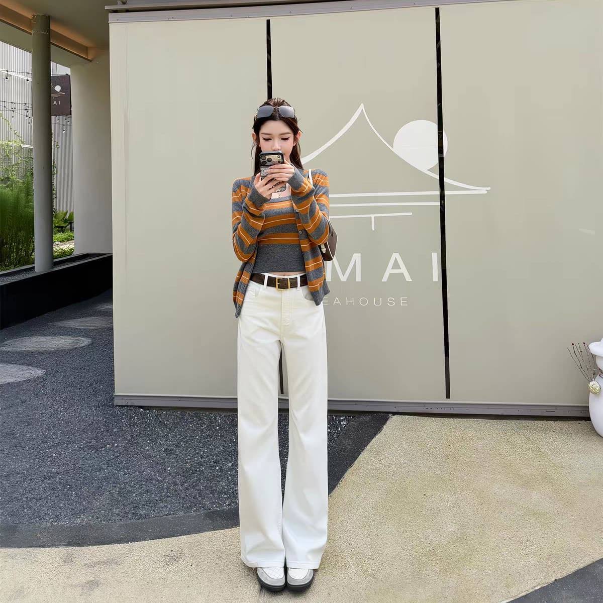chicyou miu 부서 세련된 슈퍼 색상 일치 회색 주황색 스트라이프 니트 튜브탑 오픈 가디건 여성 이미지 5