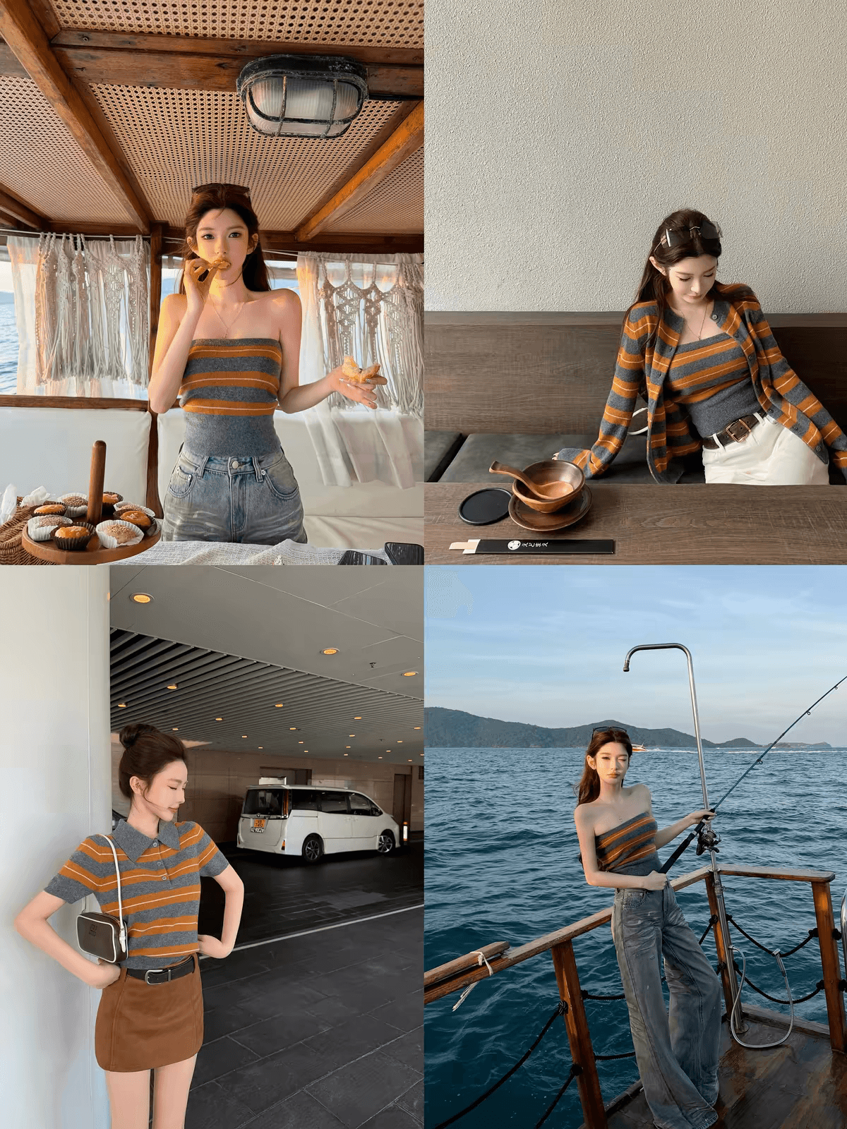 chicyou miu 부서 세련된 슈퍼 색상 일치 회색 주황색 스트라이프 니트 튜브탑 오픈 가디건 여성 상세 이미지 7