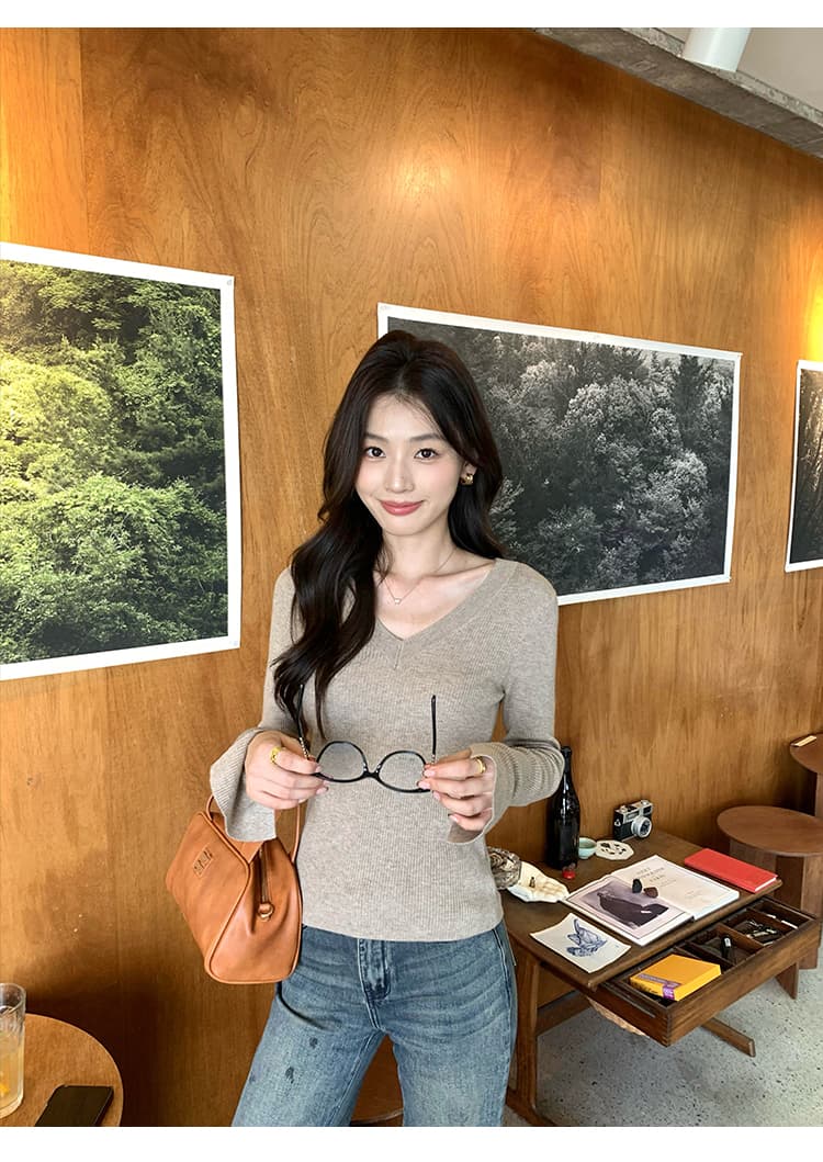 pusumede 통역 우아함 기초 섹션 V넥 니트 스웨터 여성 몸매 가꾸기 인사이드 가져 가라. 기본 셔츠 긴팔 맨위 상세 이미지 24
