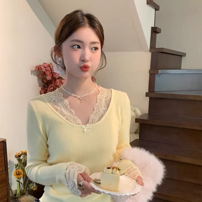 레드 맨 파빌리온 화이트 스웨터 여자 봄 가을 인사이드 가져 가라. 긴팔 맨위 느긋한 고급 센스 풀오버 레트로 레이스 니트 스웨터 이미지 5