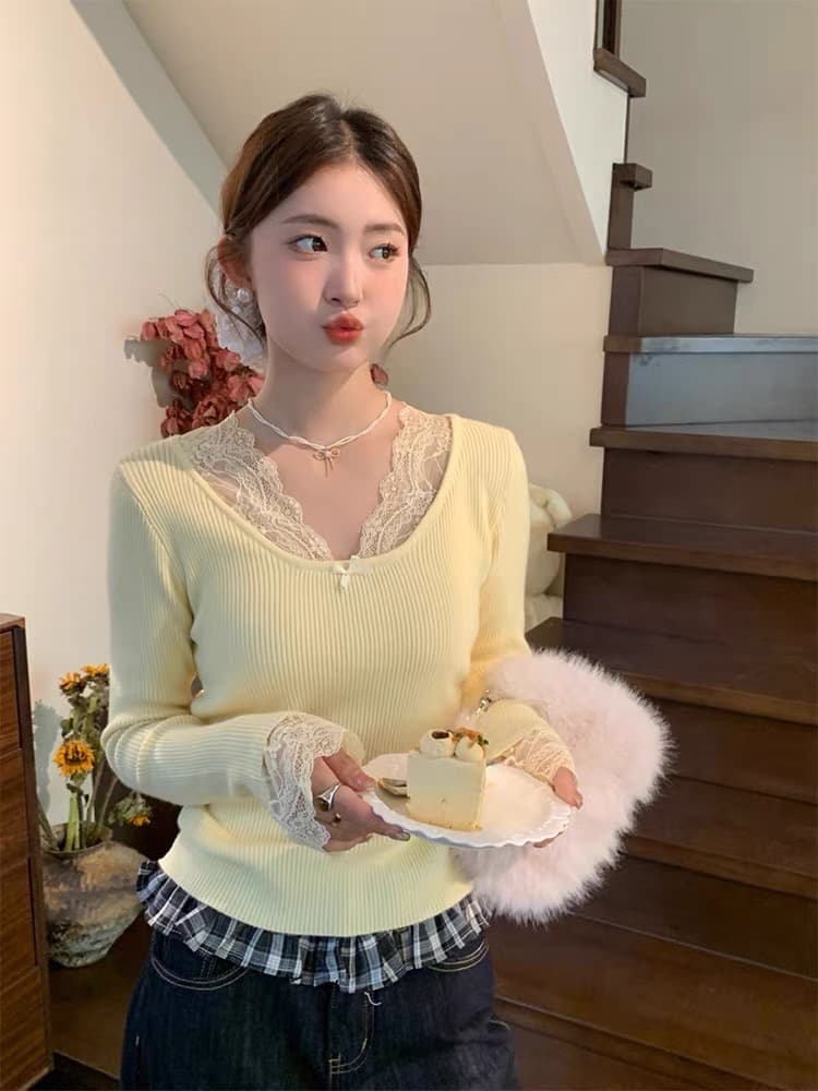 레드 맨 파빌리온 화이트 스웨터 여자 봄 가을 인사이드 가져 가라. 긴팔 맨위 느긋한 고급 센스 풀오버 레트로 레이스 니트 스웨터 상세 이미지 1