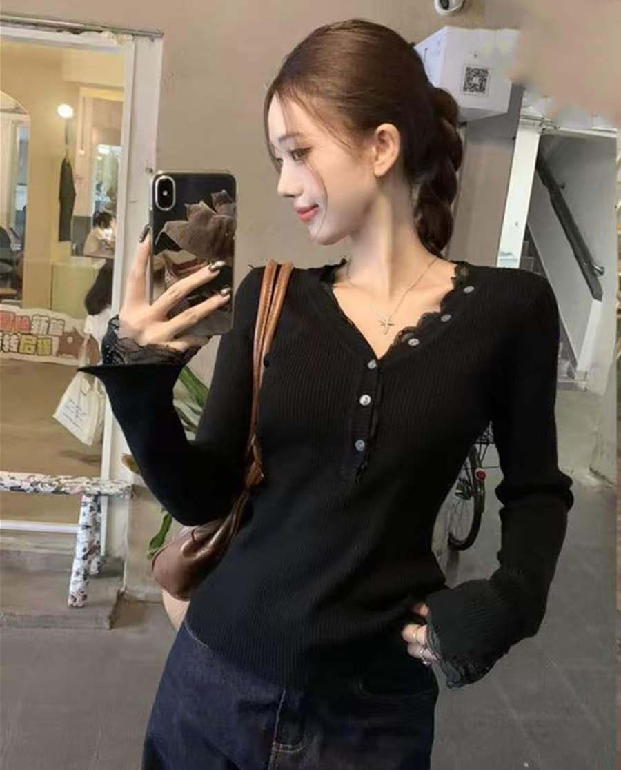 레이스 V넥 니트 기본 셔츠 여성 봄 가을 새로운 디자인 센스 스웨터 인사이드 가져 가라. 몸매 가꾸기 맨위 외출용 이미지 2