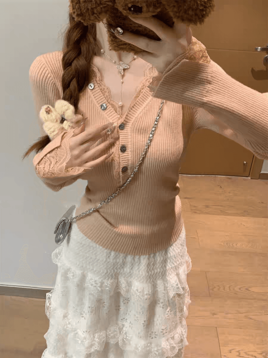 레이스 V넥 니트 기본 셔츠 여성 봄 가을 새로운 디자인 센스 스웨터 인사이드 가져 가라. 몸매 가꾸기 맨위 외출용 상세 이미지 3
