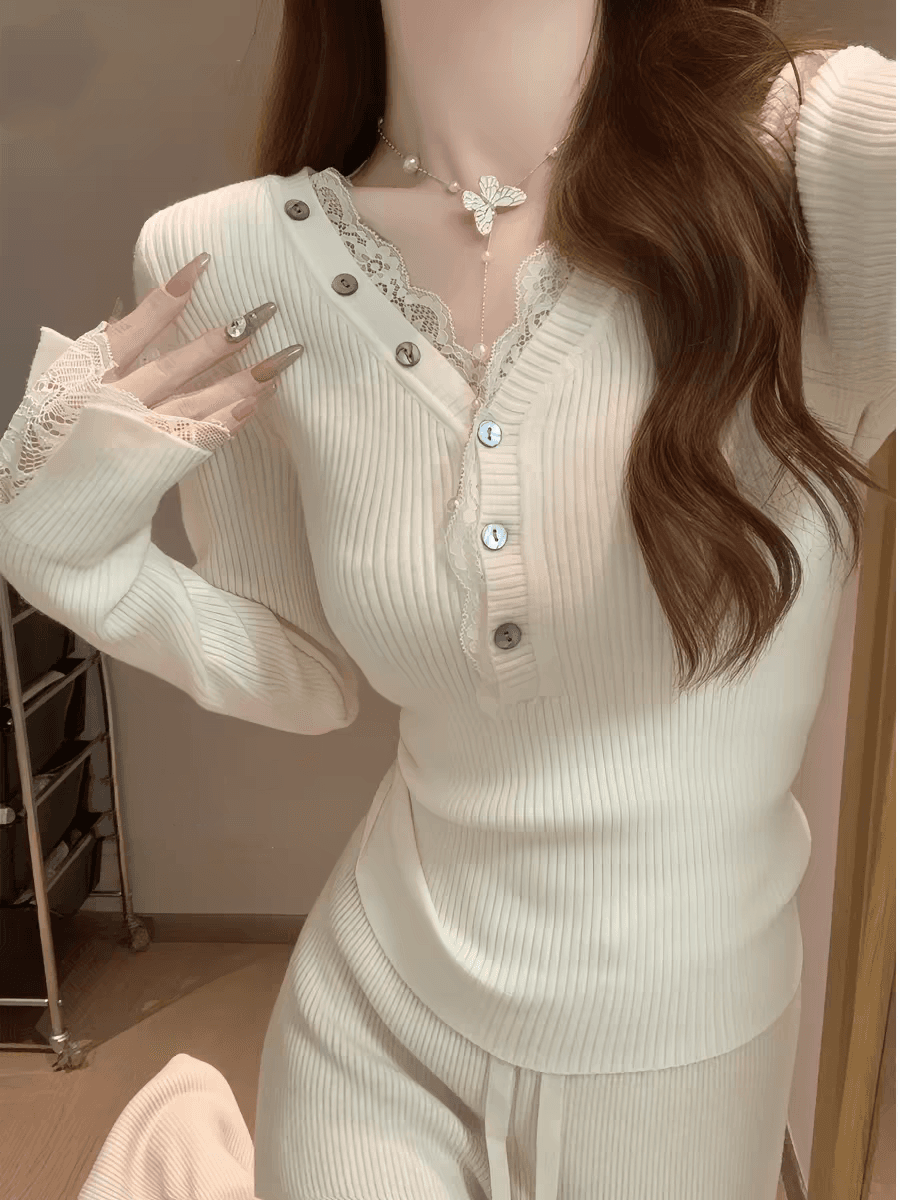 레이스 V넥 니트 기본 셔츠 여성 봄 가을 새로운 디자인 센스 스웨터 인사이드 가져 가라. 몸매 가꾸기 맨위 외출용 상세 이미지 5