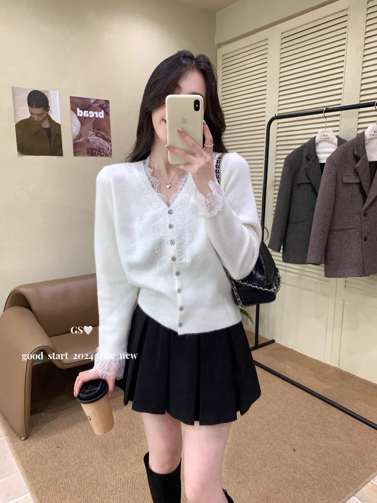 V넥 프랑스식 오픈 가디건 니트 스웨터 여성 디자인 센스 작은 대중 가을 겨울 레이스 조각 스웨터 인사이드 가져 가라. 기본 셔츠 맨위 상세 이미지 3