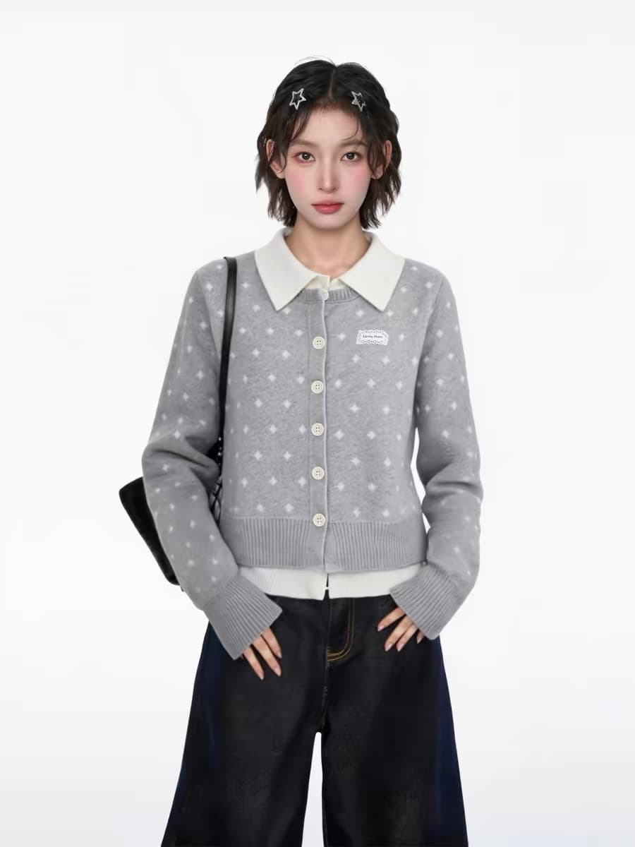 아메리칸 회색 긍정적 인 어깨 POLO 칼라 페이크 레이어드 스웨터 오픈 가디건 여성 코트 가을 겨울 몸매 가꾸기 슬림해 보이는 니트 스웨터 맨위 이미지 4
