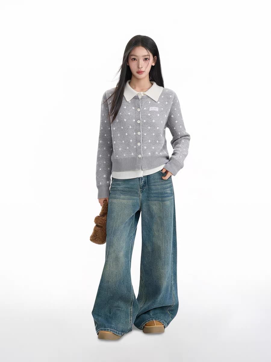 아메리칸 회색 긍정적 인 어깨 POLO 칼라 페이크 레이어드 스웨터 오픈 가디건 여성 코트 가을 겨울 몸매 가꾸기 슬림해 보이는 니트 스웨터 맨위 상세 이미지 19