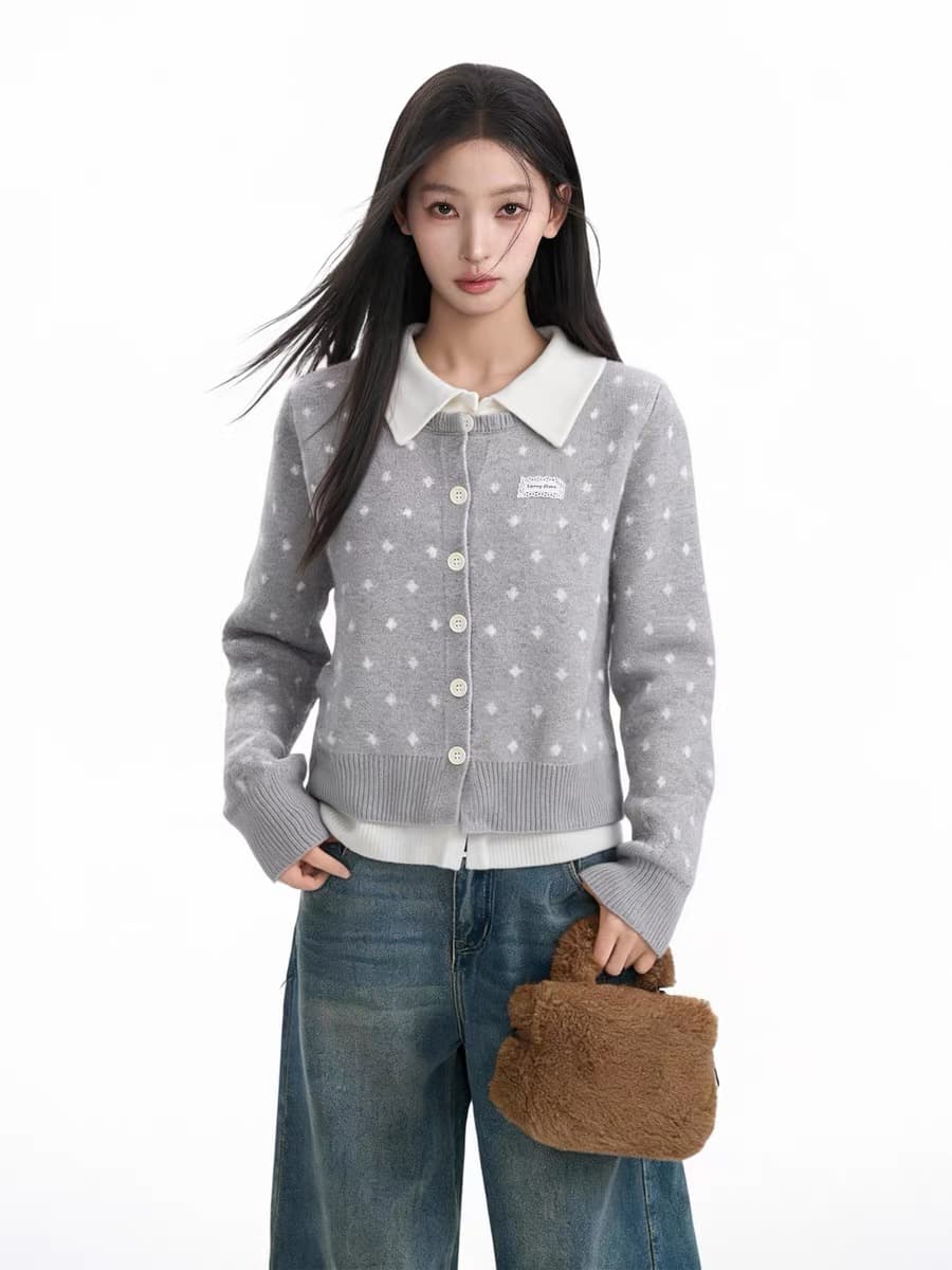 아메리칸 회색 긍정적 인 어깨 POLO 칼라 페이크 레이어드 스웨터 오픈 가디건 여성 코트 가을 겨울 몸매 가꾸기 슬림해 보이는 니트 스웨터 맨위 상세 이미지 21