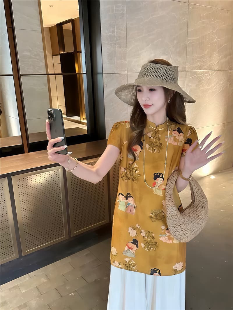 실사 둘째 머리카락 새로운 중식 디스크 구두 치파오 맨위 얇은 스타일 차가운 센스 와이드 레그 팬츠 패션 세트 투피스 세트 이미지 2