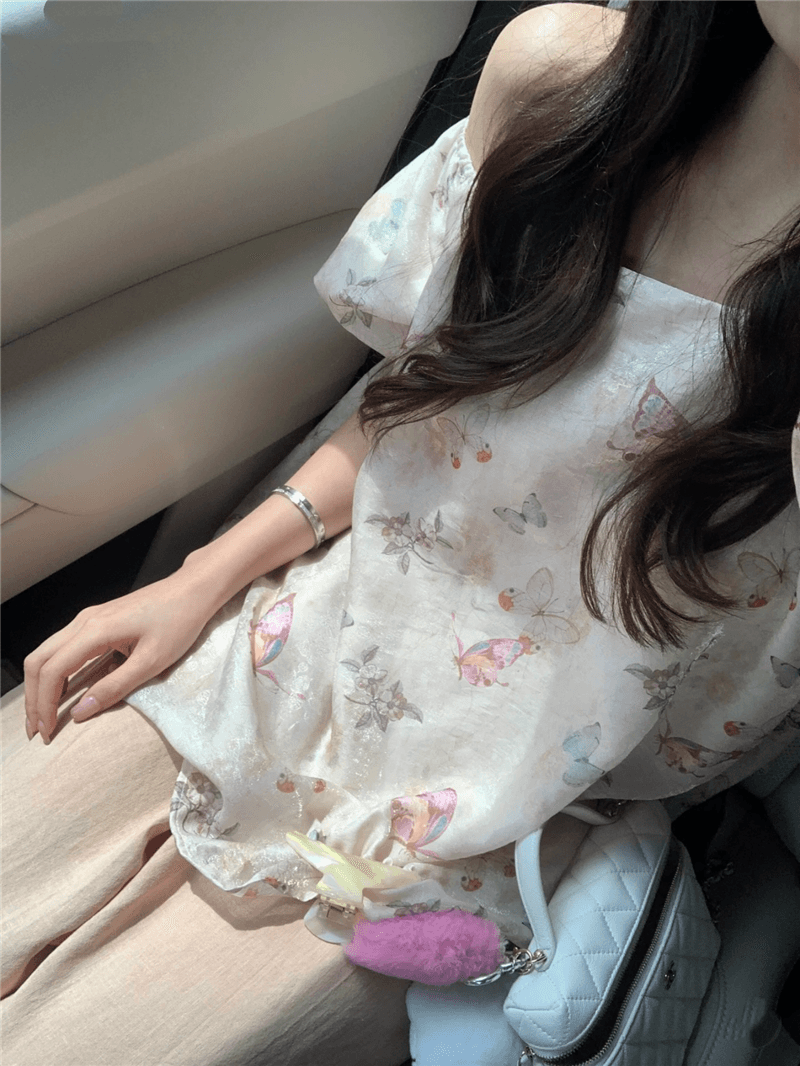 실사 둘째 머리카락 빛 국풍 나비 프린트 거품 소매 오프숄더 둘 착용 맨위