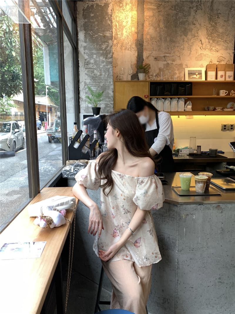 실사 둘째 머리카락 빛 국풍 나비 프린트 거품 소매 오프숄더 둘 착용 맨위 이미지 3
