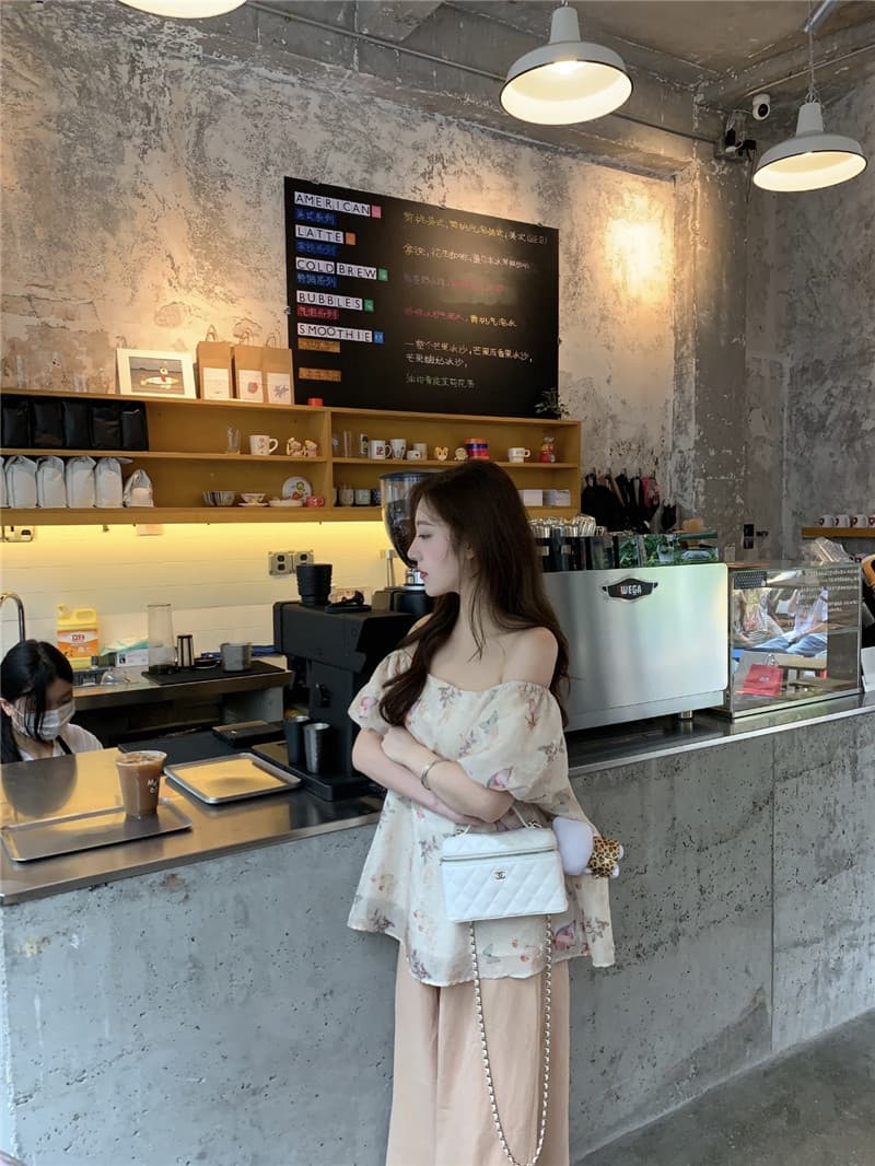 실사 둘째 머리카락 빛 국풍 나비 프린트 거품 소매 오프숄더 둘 착용 맨위 상세 이미지 1