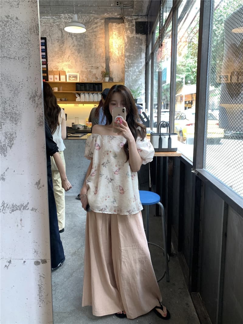 실사 둘째 머리카락 빛 국풍 나비 프린트 거품 소매 오프숄더 둘 착용 맨위 상세 이미지 3