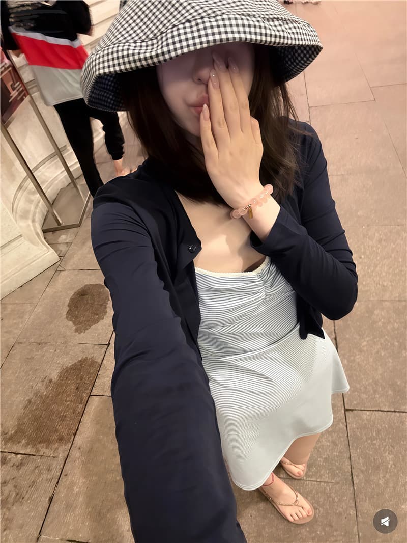 실사 둘째 머리카락 느긋한 바람 스트라이프 세트 오픈 가디건 캐미솔 여름 얇은 스타일 드레스 미니 스커트 이미지 2