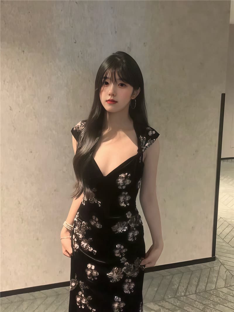 실사 둘째 머리카락 국풍 새로운 중식 핫걸 섹시함 행침 목 드레스 허리 수축 레이스 치마 상세 이미지 2